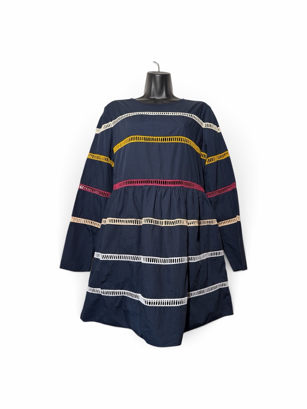 English Factory Navy Long-Sleeve Tiered Dress with Multicolor Trim